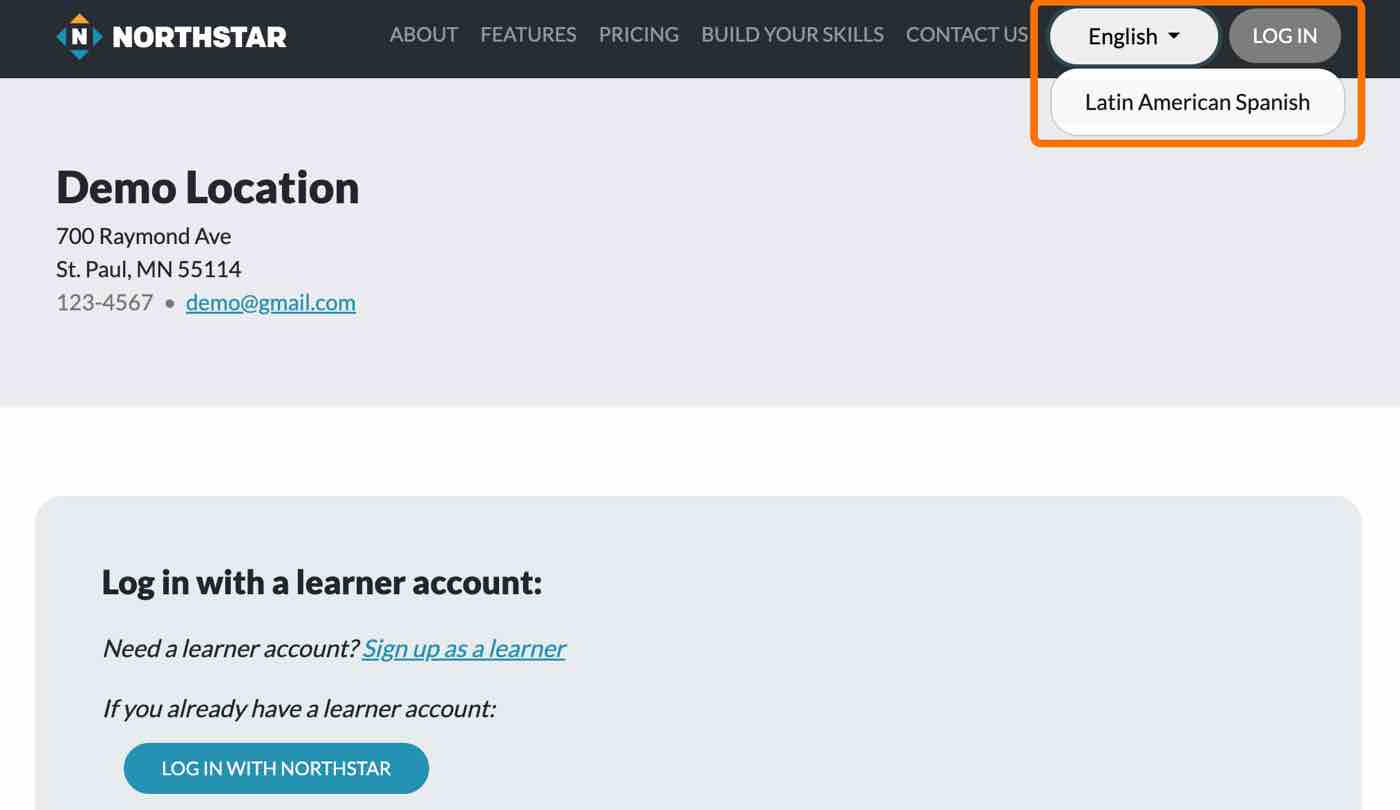 Navigation menu at top of Northstar website with English button being clicked and revealing Spanish option